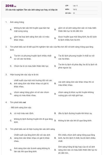 25 câu trắc nghiệm Tán sắc ánh sáng cực hay, có đáp án