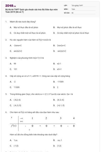 Bộ Đề thi THPT Quốc gia chuẩn cấu trúc Bộ Giáo dục môn Toán 2019 (Đề số 7)