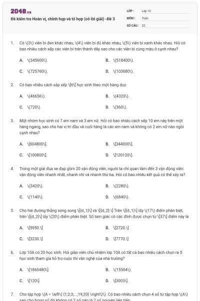 Đề kiểm tra Hoán vị, chỉnh hợp và tổ hợp (có lời giải) -Đề 3