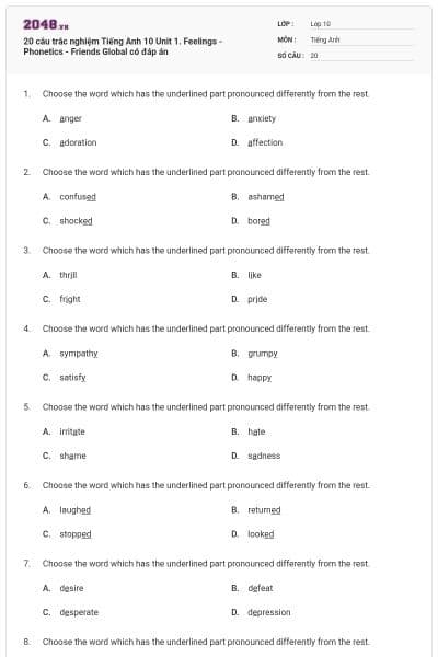 20 câu trắc nghiệm Tiếng Anh 10 Unit 1. Feelings - Phonetics - Friends Global có đáp án