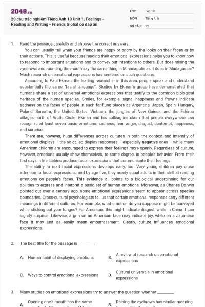 20 câu trắc nghiệm Tiếng Anh 10 Unit 1. Feelings - Reading and Writing - Friends Global có đáp án