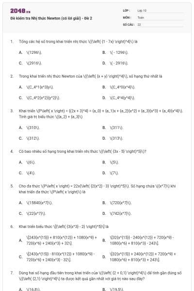 Đề kiểm tra Nhị thức Newton (có lời giải) - Đề 2