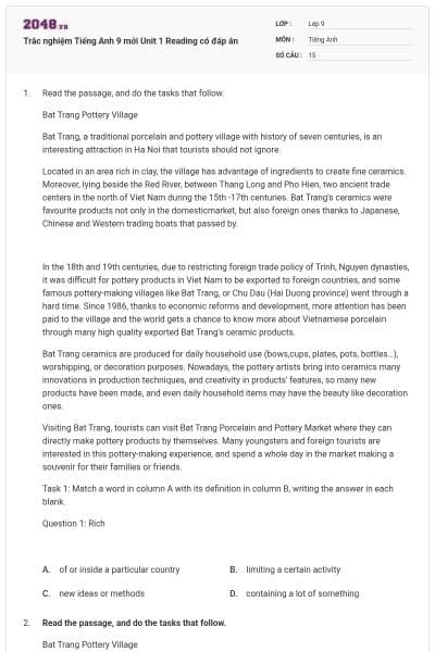 Trắc nghiệm Tiếng Anh 9 mới Unit 1 Reading có đáp án