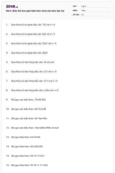 Bài 6: Biến đổi đơn giản biểu thức chứa căn thức bậc hai