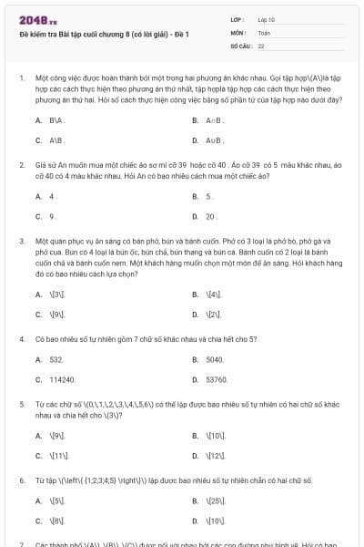 Đề kiểm tra Bài tập cuối chương 8 (có lời giải) - Đề 1