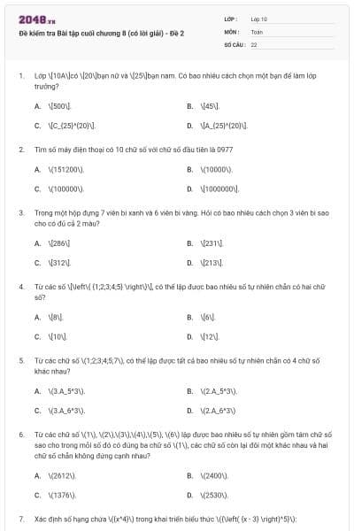 Đề kiểm tra Bài tập cuối chương 8 (có lời giải) - Đề 2