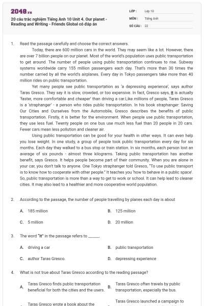 20 câu trắc nghiệm Tiếng Anh 10 Unit 4. Our planet - Reading and Writing - Friends Global có đáp án