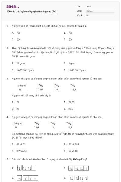 100 câu trắc nghiệm Nguyên tử nâng cao (P4)