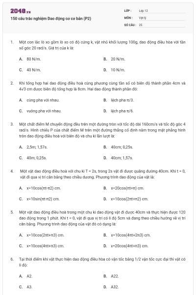 150 câu trắc nghiệm Dao động cơ cơ bản (P2)