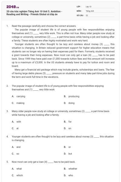 20 câu trắc nghiệm Tiếng Anh 10 Unit 5. Ambition - Reading and Writing - Friends Global có đáp án