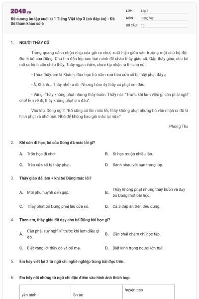 Đề cương ôn tập cuối kì 1 Tiếng Việt lớp 3 (có đáp án) - Đề thi tham khảo số 6