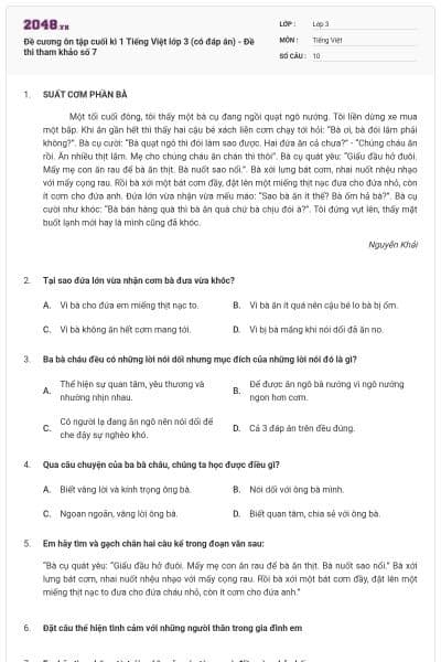 Đề cương ôn tập cuối kì 1 Tiếng Việt lớp 3 (có đáp án) - Đề thi tham khảo số 7