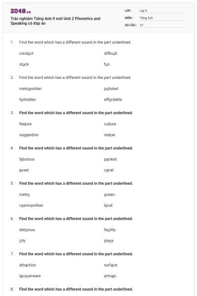 Trắc nghiệm Tiếng Anh 9 mới Unit 2 Phonetics and Speaking có đáp án