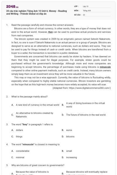 20 câu trắc nghiệm Tiếng Anh 10 Unit 6. Money - Reading and Writing - Friends Global có đáp án