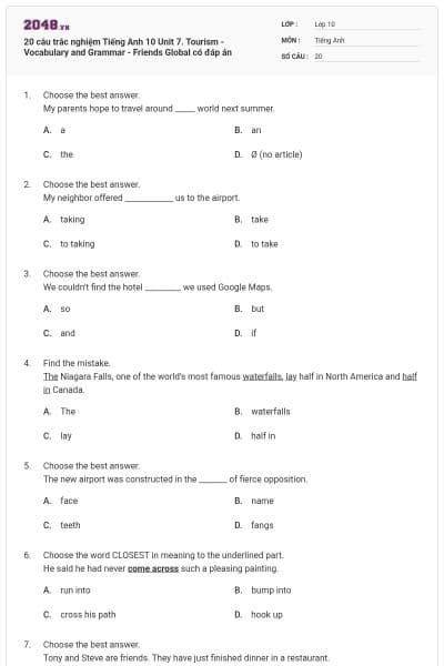 20 câu trắc nghiệm Tiếng Anh 10 Unit 7. Tourism - Vocabulary and Grammar - Friends Global có đáp án