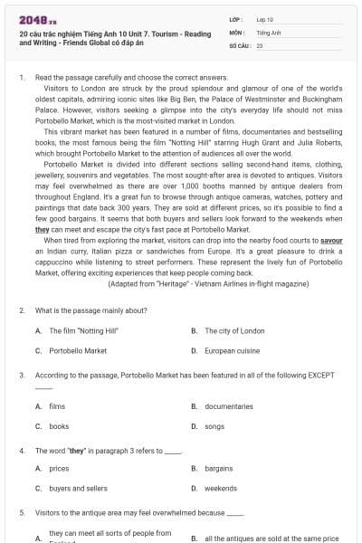 20 câu trắc nghiệm Tiếng Anh 10 Unit 7. Tourism - Reading and Writing - Friends Global có đáp án