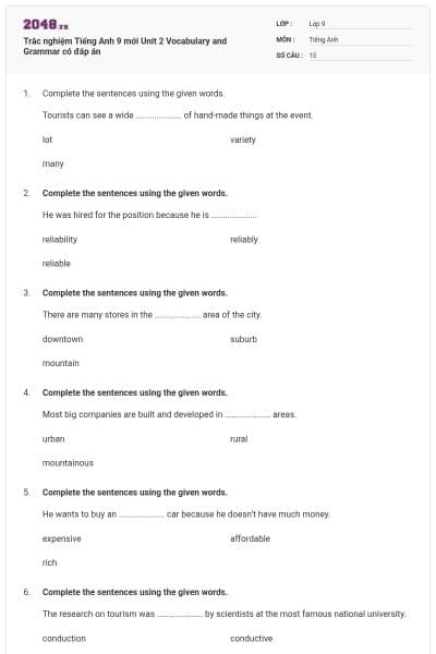 Trắc nghiệm Tiếng Anh 9 mới Unit 2 Vocabulary and Grammar có đáp án