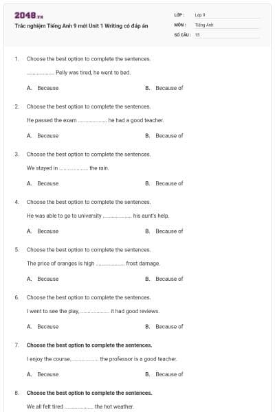 Trắc nghiệm Tiếng Anh 9 mới Unit 1 Writing có đáp án