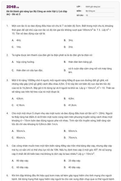 Đề thi Đánh giá năng lực Bộ Công an môn Vật Lí (có đáp án) - Đề số 3
