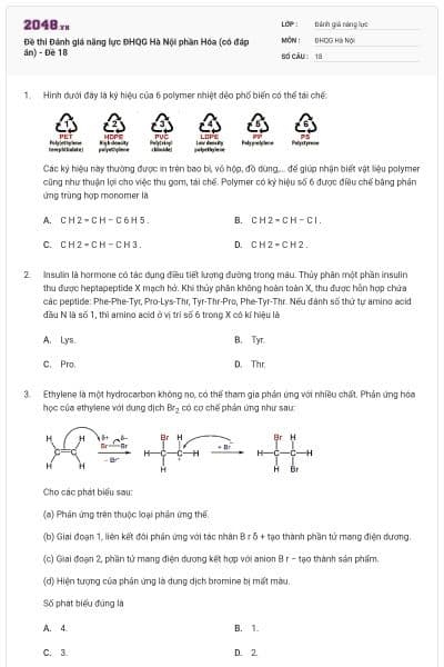 Đề thi Đánh giá năng lực ĐHQG Hà Nội phần Hóa (có đáp án) - Đề 18