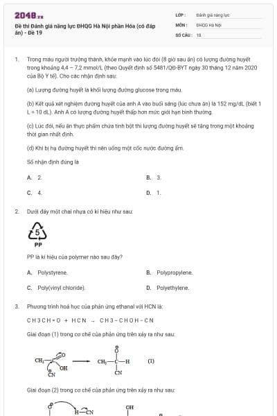 Đề thi Đánh giá năng lực ĐHQG Hà Nội phần Hóa (có đáp án) - Đề 19
