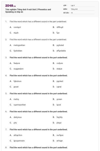 Trắc nghiệm Tiếng Anh 9 mới Unit 2 Phonetics and Speaking có đáp án