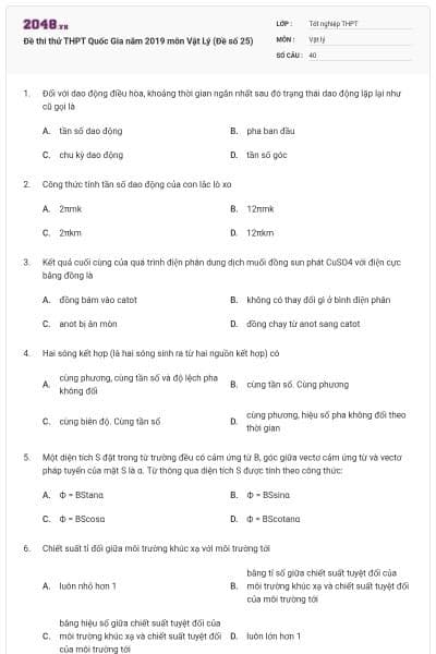 Đề thi thử THPT Quốc Gia năm 2019 môn Vật Lý (Đề số 25)