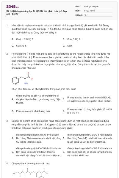 Đề thi Đánh giá năng lực ĐHQG Hà Nội phần Hóa (có đáp án) - Đề 23
