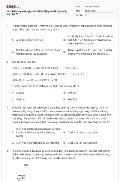 Đề thi Đánh giá năng lực ĐHQG Hà Nội phần Hóa (có đáp án) - Đề 25