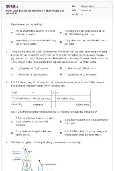 Đề thi Đánh giá năng lực ĐHQG Hà Nội phần Hóa (có đáp án) - Đề 27