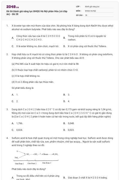 Đề thi Đánh giá năng lực ĐHQG Hà Nội phần Hóa (có đáp án) - Đề 28