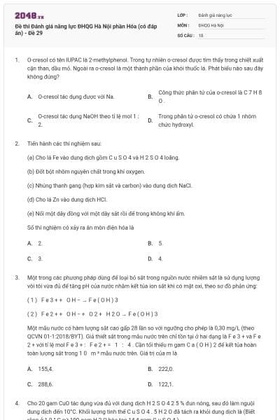 Đề thi Đánh giá năng lực ĐHQG Hà Nội phần Hóa (có đáp án) - Đề 29