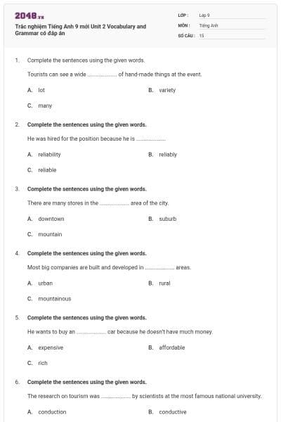 Trắc nghiệm Tiếng Anh 9 mới Unit 2 Vocabulary and Grammar có đáp án
