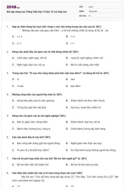 Bài tập nâng cao Tiếng Việt lớp 3 Tuần 15 (có đáp án)