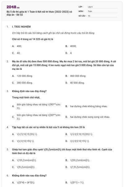 Bộ 5 đề thi giữa kì 1 Toán 6 Kết nối tri thức (2022-2023) có đáp án - Đề 02