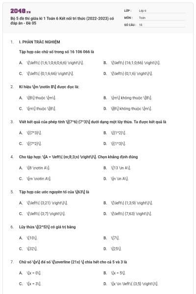 Bộ 5 đề thi giữa kì 1 Toán 6 Kết nối tri thức (2022-2023) có đáp án - Đề 05