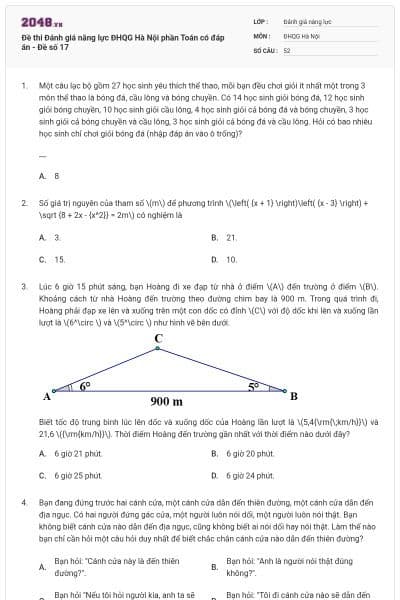 Đề thi Đánh giá năng lực ĐHQG Hà Nội phần Toán có đáp án - Đề số 17