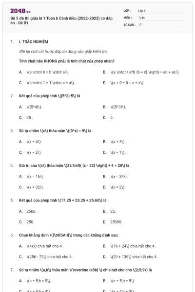 Bộ 5 đề thi giữa kì 1 Toán 6 Cánh diều (2022-2023) có đáp án - Đề 01