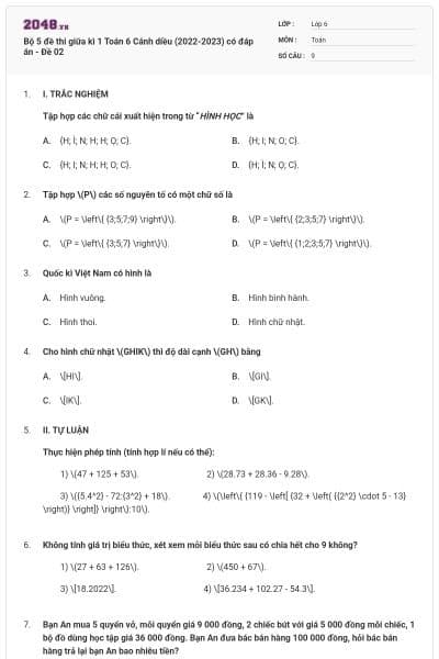 Bộ 5 đề thi giữa kì 1 Toán 6 Cánh diều (2022-2023) có đáp án - Đề 02