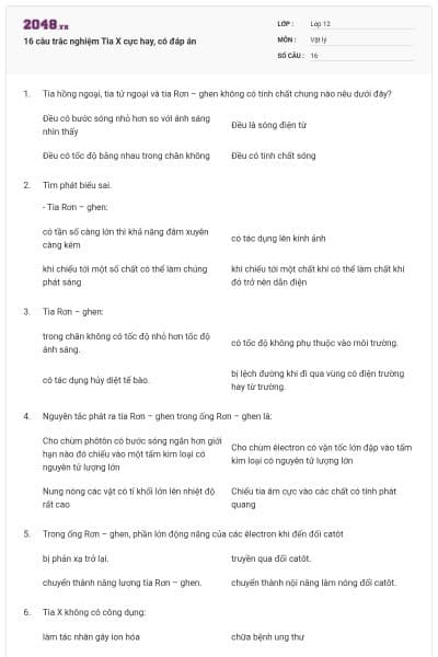 16 câu trắc nghiệm Tia X cực hay, có đáp án