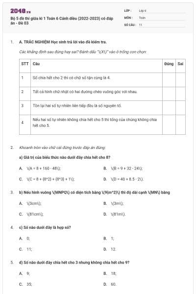 Bộ 5 đề thi giữa kì 1 Toán 6 Cánh diều (2022-2023) có đáp án - Đề 03