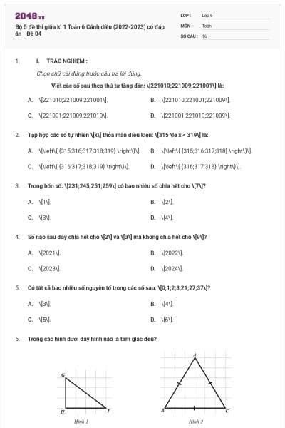 Bộ 5 đề thi giữa kì 1 Toán 6 Cánh diều (2022-2023) có đáp án - Đề 04