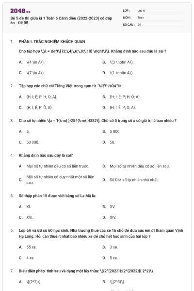 Bộ 5 đề thi giữa kì 1 Toán 6 Cánh diều (2022-2023) có đáp án - Đề 05