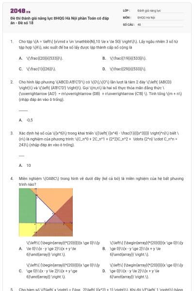 Đề thi Đánh giá năng lực ĐHQG Hà Nội phần Toán có đáp án - Đề số 18