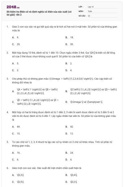 Đề kiểm tra Biến cố và định nghĩa cổ điển của xác suất (có lời giải) -Đề 2