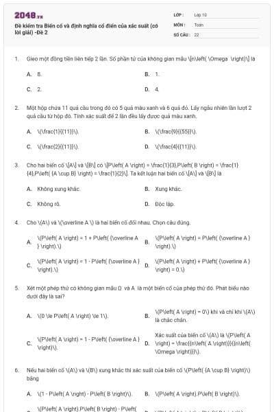 Đề kiểm tra Biến cố và định nghĩa cổ điển của xác suất (có lời giải) -Đề 2