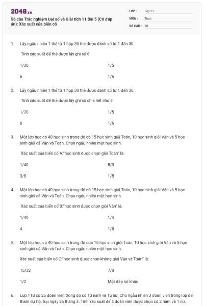 56 câu Trắc nghiệm Đại số và Giải tích 11 Bài 5 (Có đáp án): Xác suất của biến cố