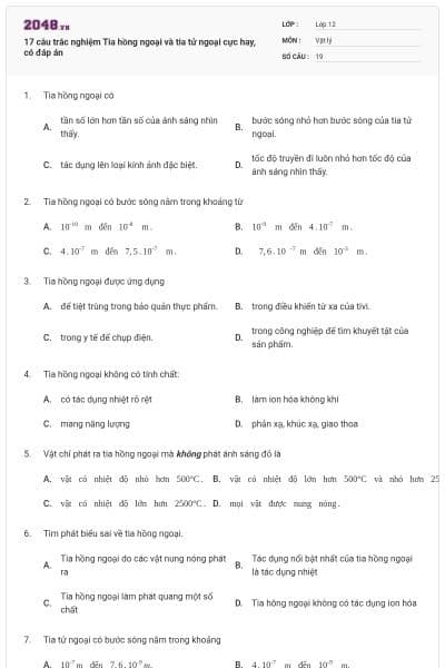 17 câu trắc nghiệm Tia hồng ngoại và tia tử ngoại cực hay, có đáp án