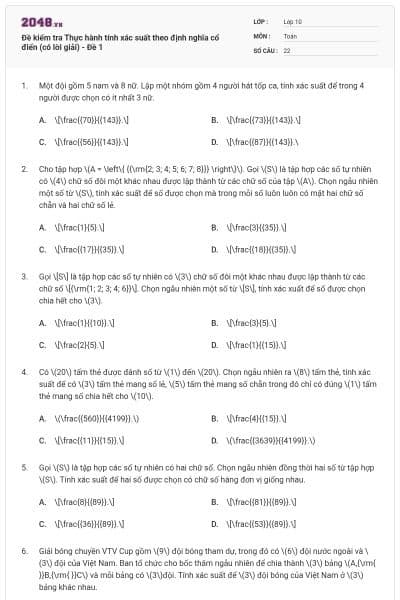 Đề kiểm tra Thực hành tính xác suất theo định nghĩa cổ điển (có lời giải) - Đề 1