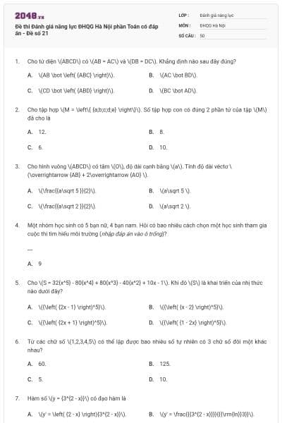 Đề thi Đánh giá năng lực ĐHQG Hà Nội phần Toán có đáp án - Đề số 21